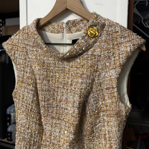 Badgley Mischka Tan Metallic Tweed Size 6 Dress - Picture 10 of 11
